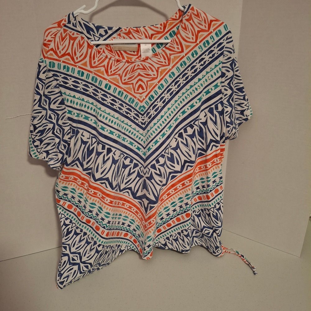 Alfred Dunner Woman 2X Tunic Top Geometric Print Short Sleeve Drawstring Hem